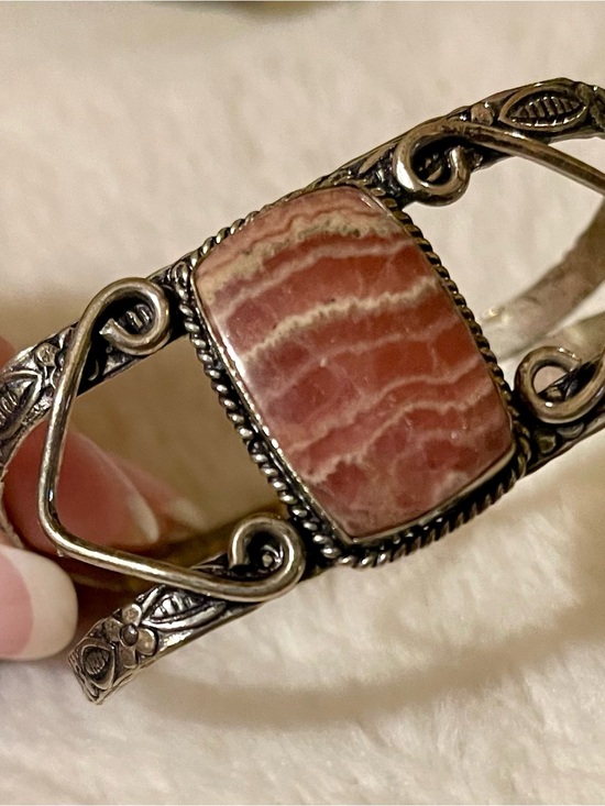 Jewelry - Pink Rhodochrosite Sterling Silver Style Ornate Cuff Bracelet